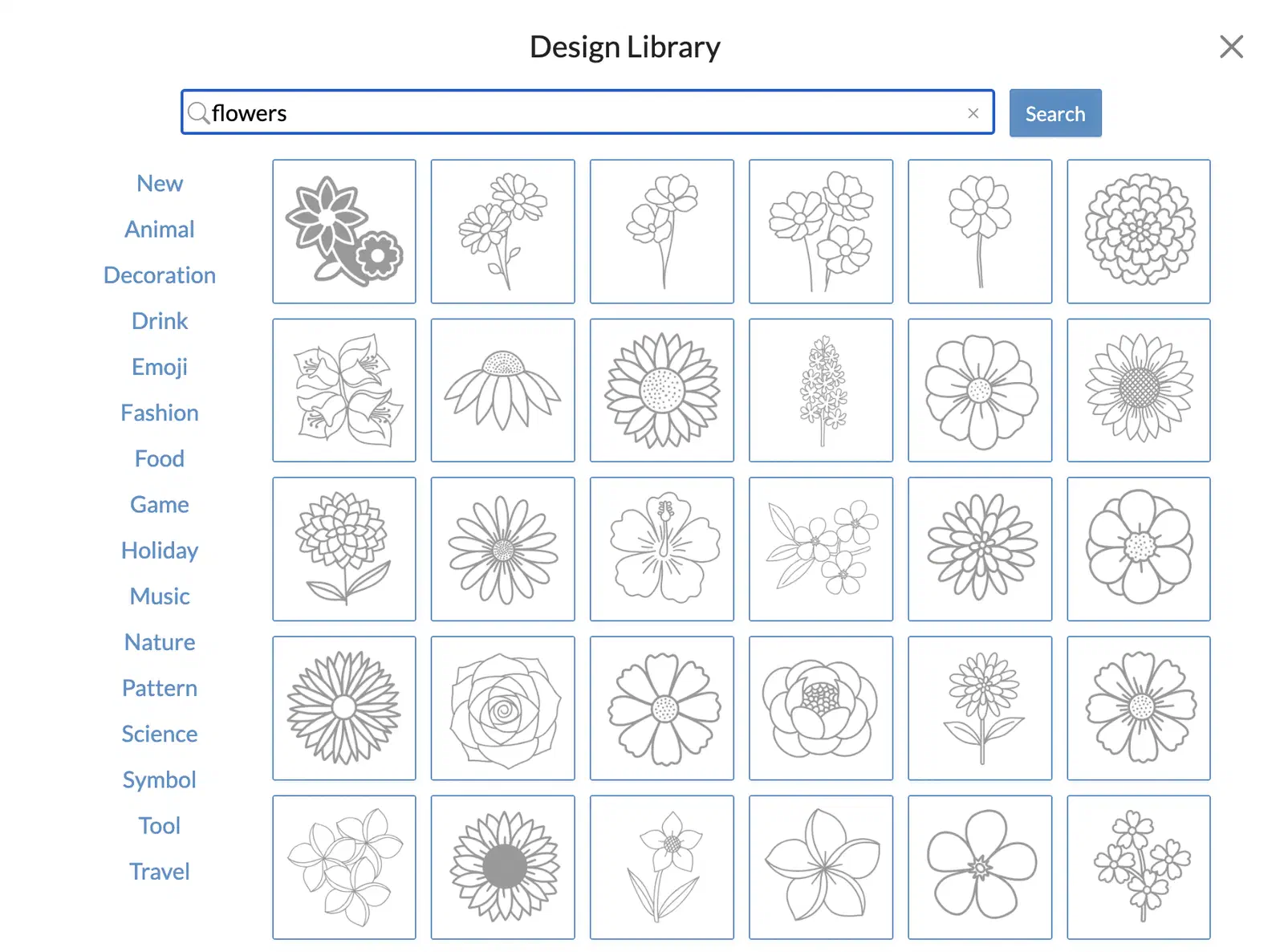 Search results in the Easel Pro Design Library with vector designs ready to place