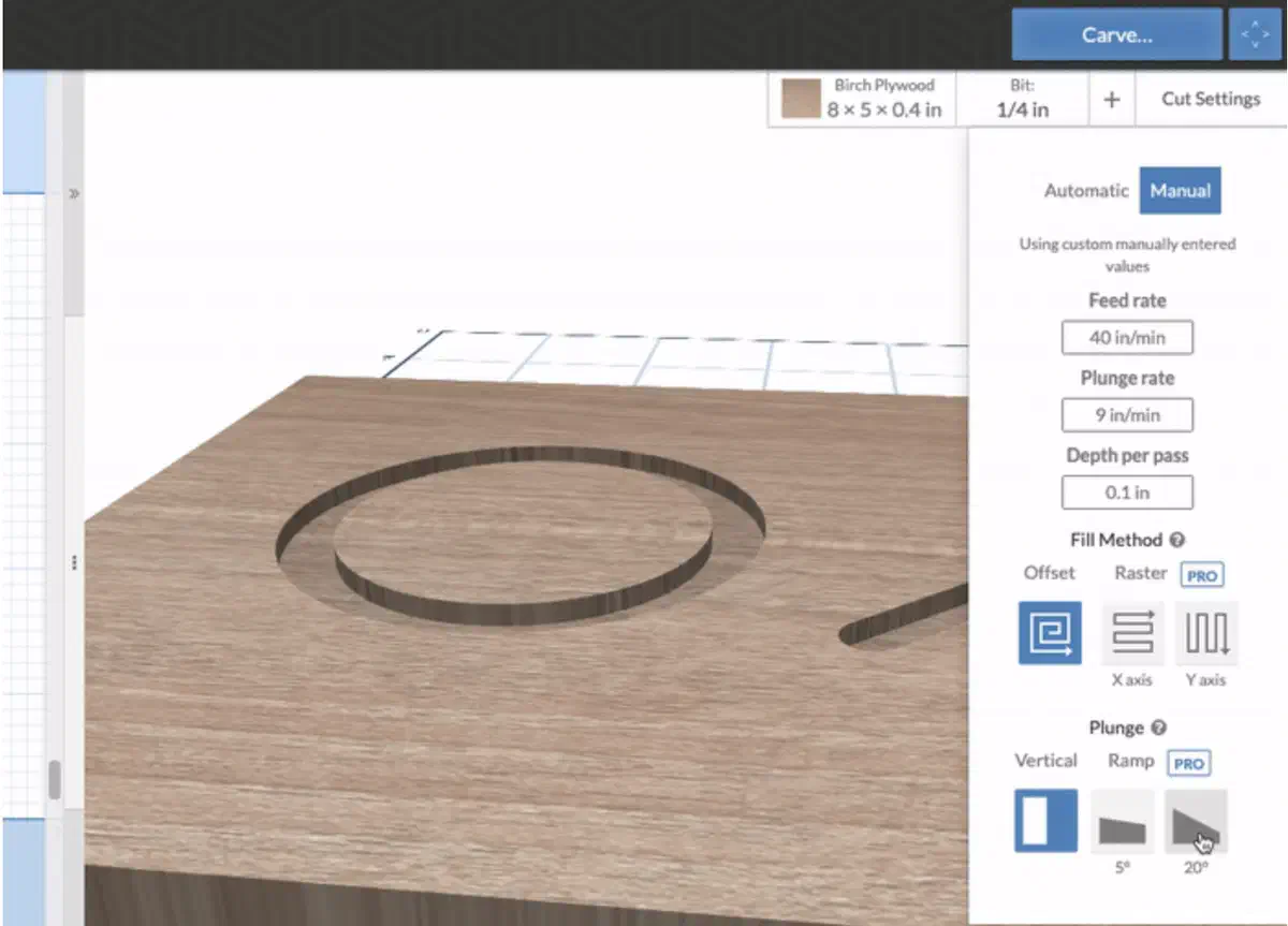 A toolpath entering the material along a shallow ramp instead of plunging straight down