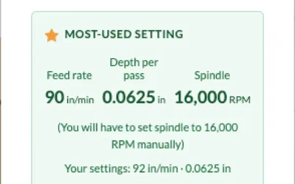 Community cut settings card showing proven feeds and speeds