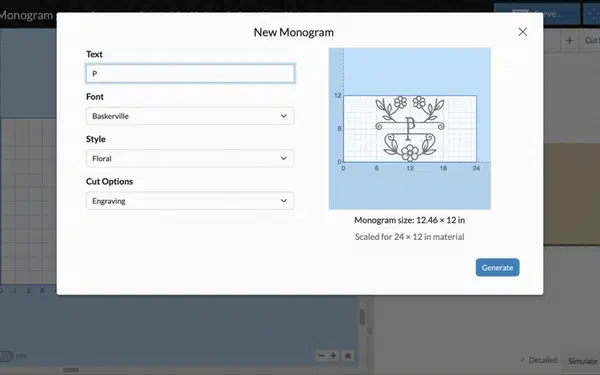 The Easel monogram generator building a three letter monogram