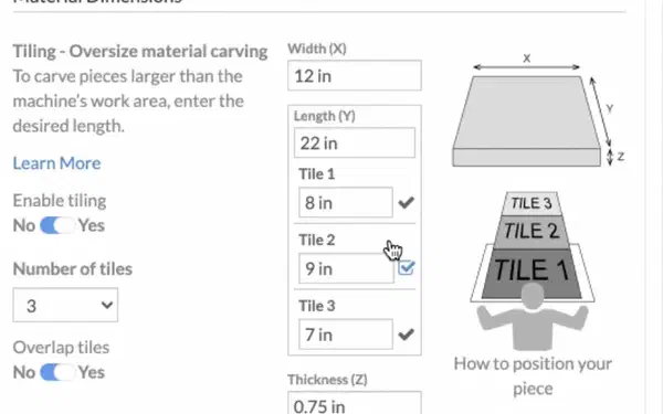 Tiling a carve across material longer than the work area